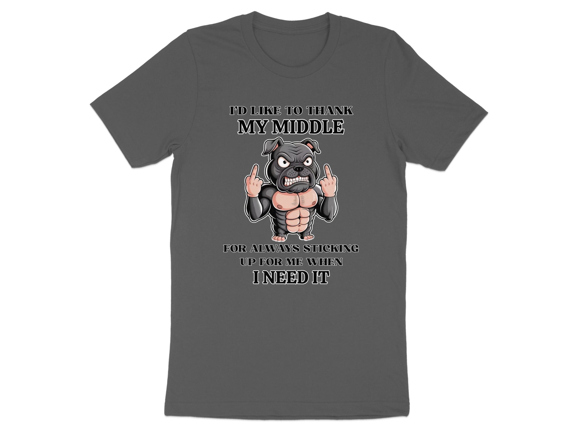 T-shirt with cartoon dog giving the middle finger and text: "I'd like to thank my middle..."