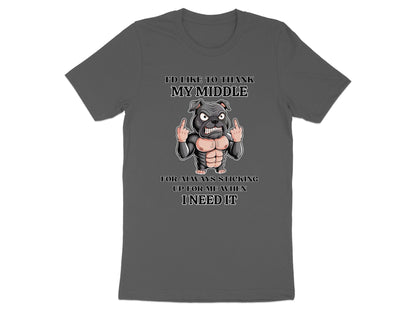 T-shirt with cartoon dog giving the middle finger and text: "I'd like to thank my middle..."