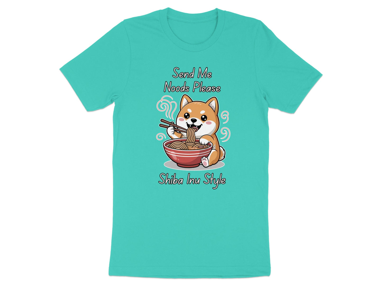 Shiba Inu eating noodles with text "Send Me Noods Please, Shiba Inu Style".