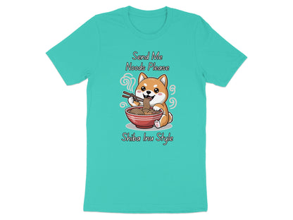 Shiba Inu eating noodles with text "Send Me Noods Please, Shiba Inu Style".