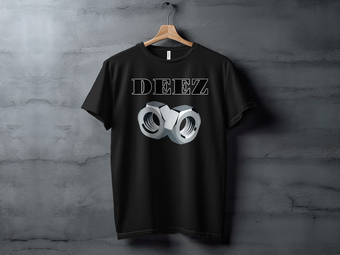 Black t-shirt with "DEEZ" text and two nuts graphic.