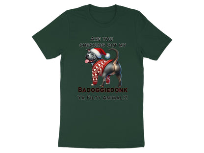 Dark green t-shirt with a pit bull wearing a Santa hat and sweater, with text.