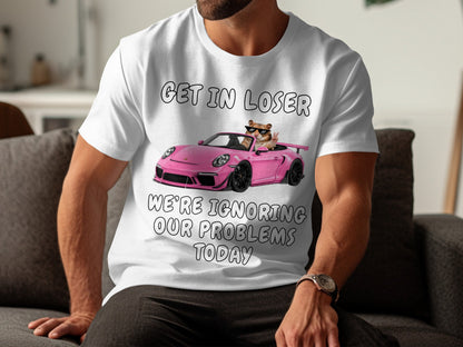 White t-shirt with "Get in loser" and a hamster in a pink car.