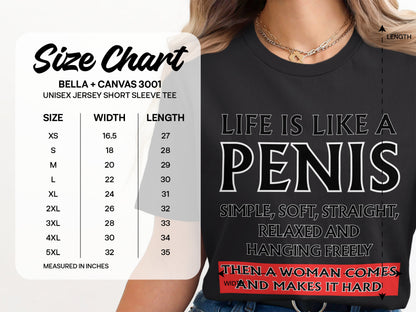 Size chart for Bella + Canvas 3001 Unisex Jersey Short Sleeve Tee with graphic text.
