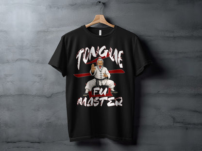 Black t-shirt with a martial artist character and "Tongue Fu Master" text.