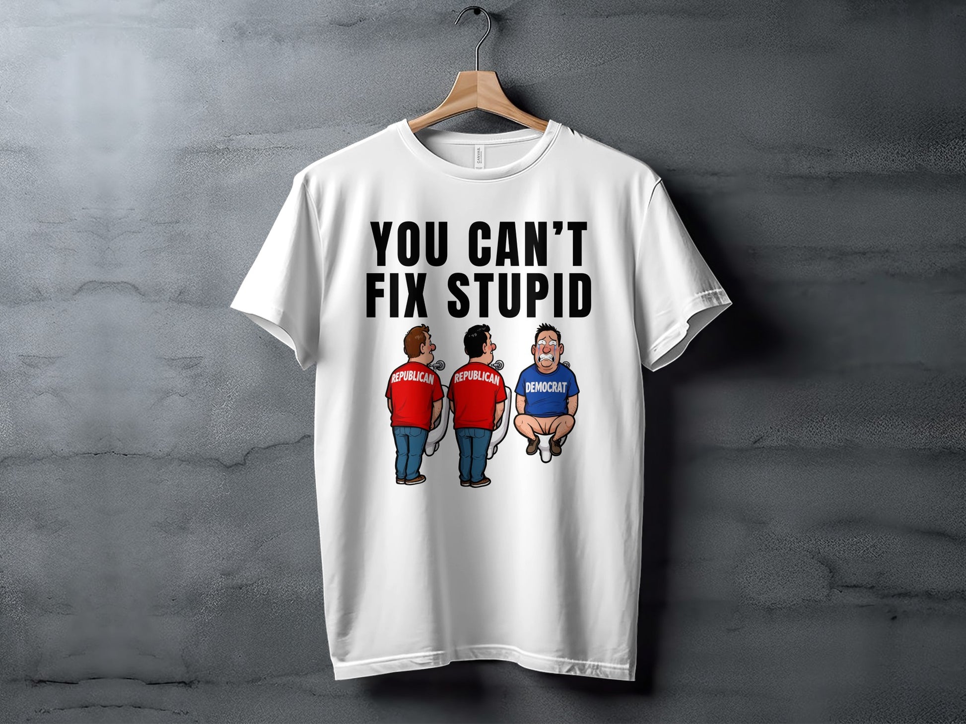 White t-shirt with "YOU CAN'T FIX STUPID" text and cartoon characters.