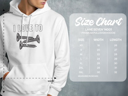 White hoodie with "I LOVE TO" and screws graphic, plus size chart.
