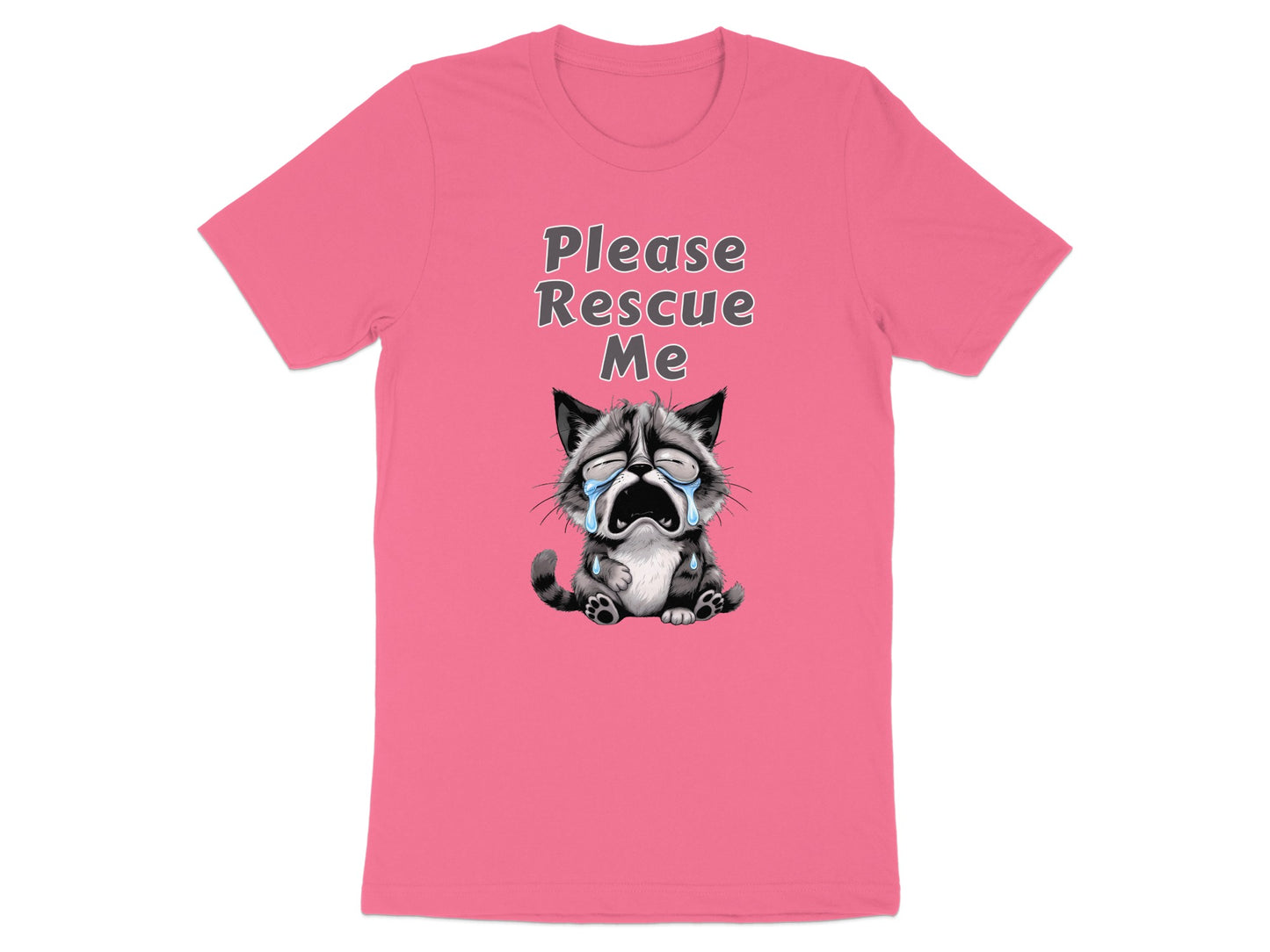Pink t-shirt with crying cartoon cat graphic and text "Please Rescue Me".