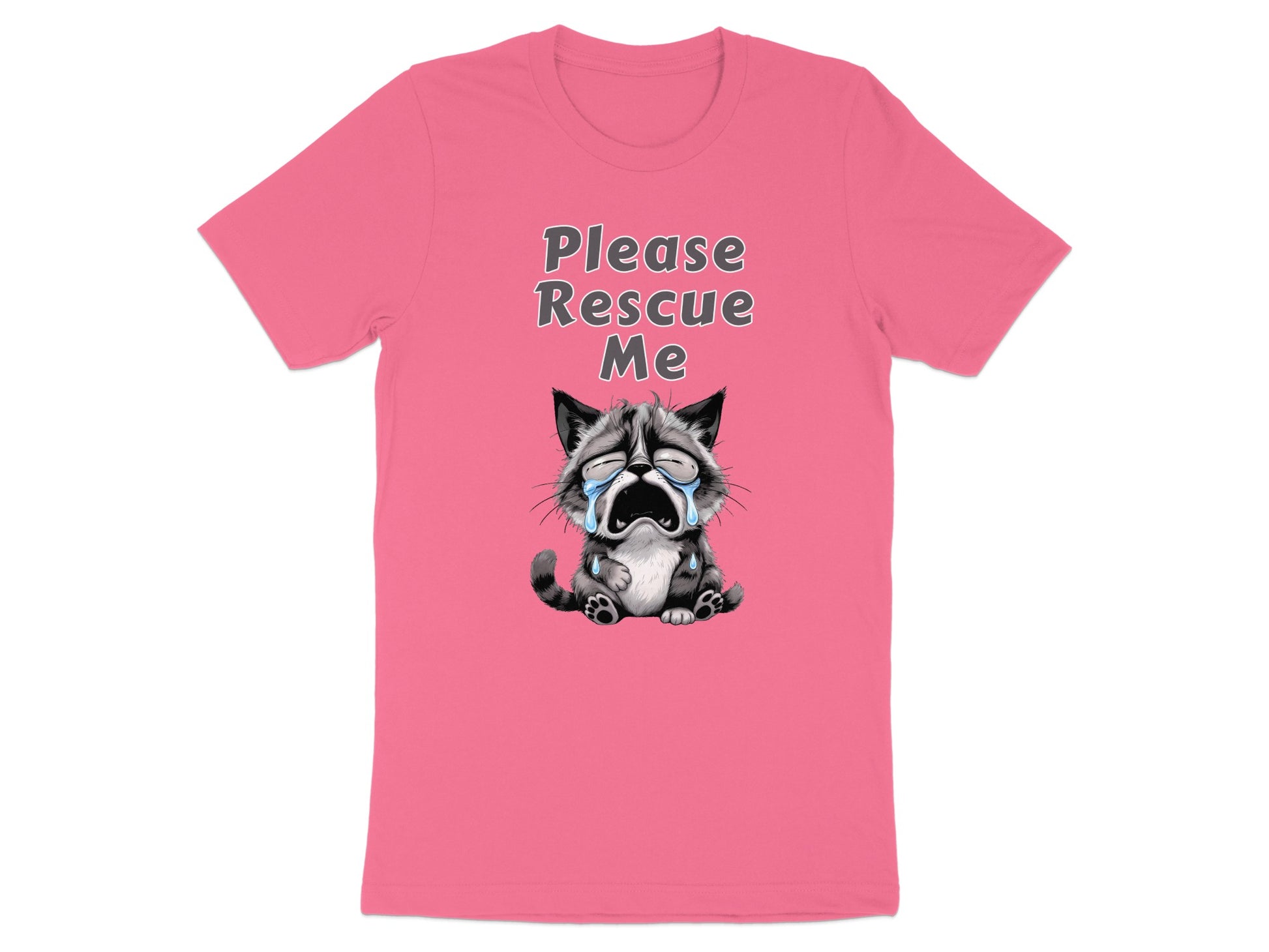 Pink t-shirt with crying cartoon cat graphic and text "Please Rescue Me".