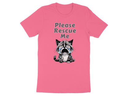 Pink t-shirt with crying cartoon cat graphic and text "Please Rescue Me".