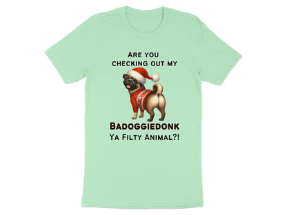 Light green t-shirt with a pug in a Santa hat and sweater, and text.