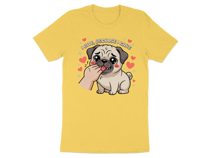 Yellow t-shirt with cartoon pug and text "I bite, because I care."