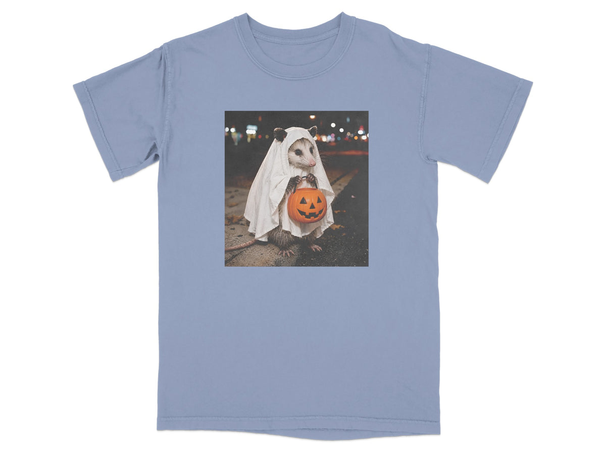 Opossum in a ghost costume holding a jack-o'-lantern bucket.