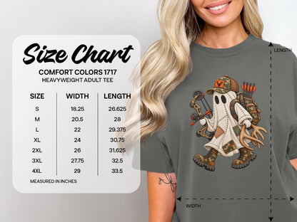 A woman wearing a dark gray t-shirt with a ghost hunting graphic next to a size chart.