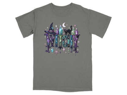 Grey t-shirt with "WITCHY" text, witch hat, black cat, potions, and stars.