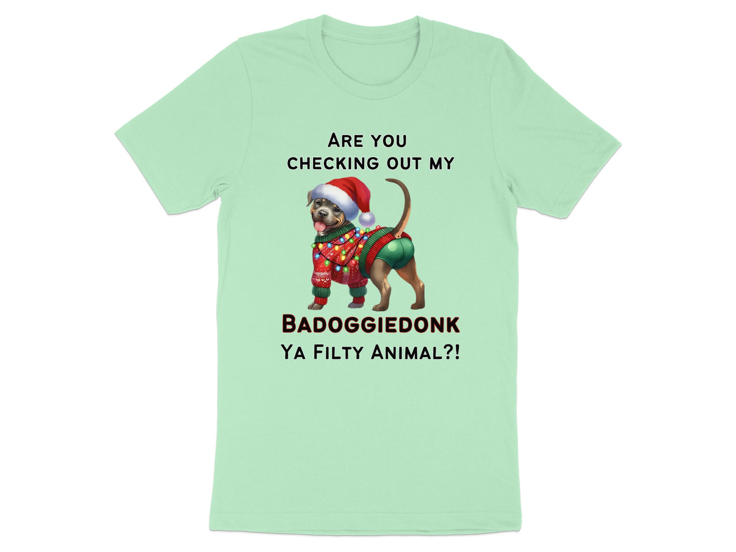 Light green t-shirt with dog wearing Santa hat and ugly sweater.