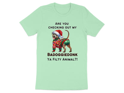 Light green t-shirt with dog wearing Santa hat and ugly sweater.
