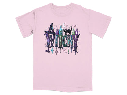 Pink t-shirt with "WITCHY" text, witch hat, potion bottles, and black cat.