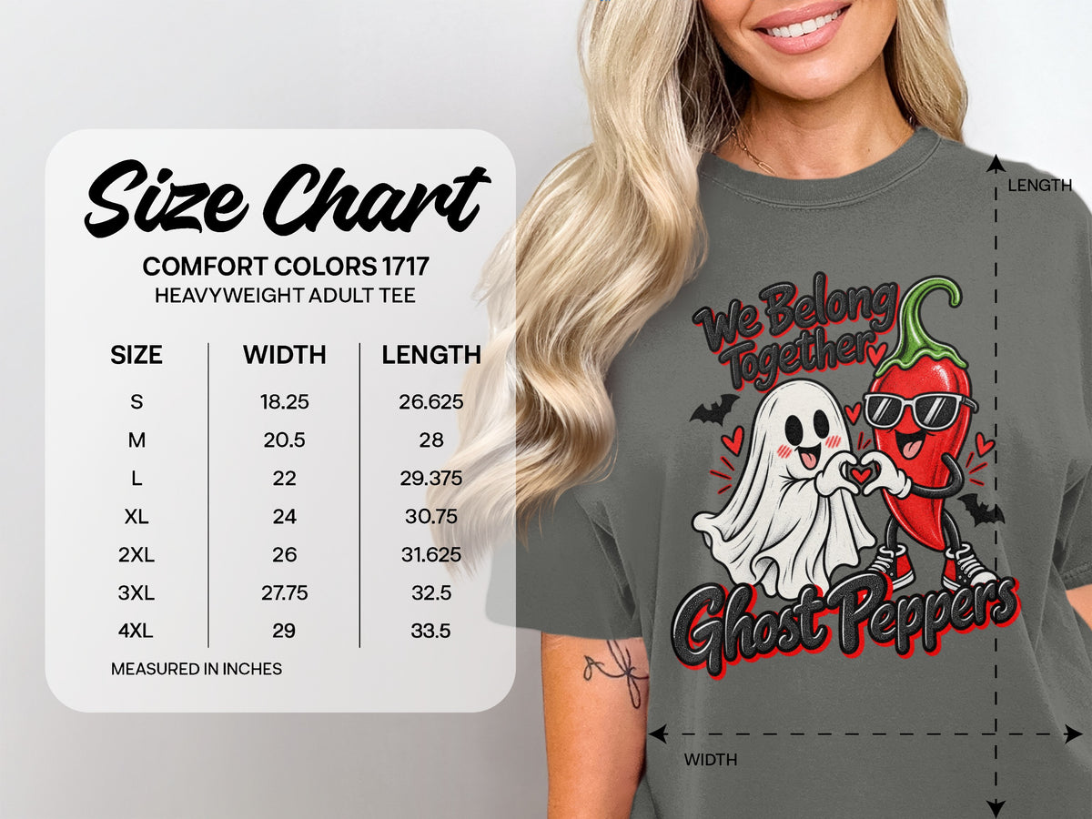 Comfort Colors 1717 heavyweight adult tee size chart with ghost and chili pepper graphic.