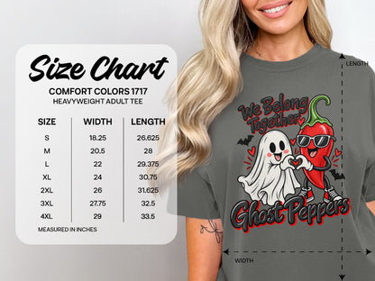 Comfort Colors 1717 heavyweight adult tee size chart with ghost and chili pepper graphic.