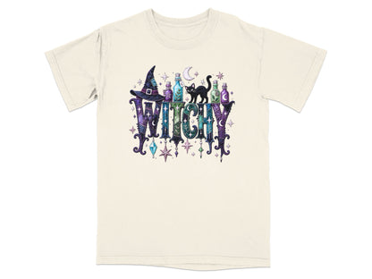 Cream t-shirt with "WITCHY" text, witch hat, potion bottles, black cat, and stars.