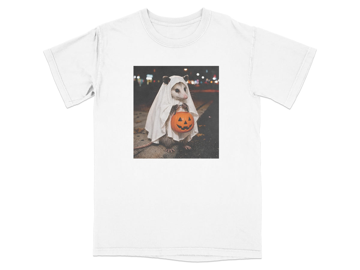 Opossum in a ghost costume holding a jack-o'-lantern candy bucket at night.