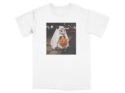 Opossum in a ghost costume holding a jack-o'-lantern candy bucket at night.