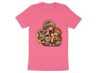 Pink t-shirt with two sad monkeys holding a "Stop Bullying Me" sign.