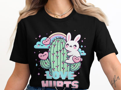 Cute bunny on cactus with hearts, rainbow, clouds, and "LOVE HURTS" text.