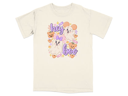 Cream t-shirt with "hey boo" text, two ghosts, mice, and pumpkins.