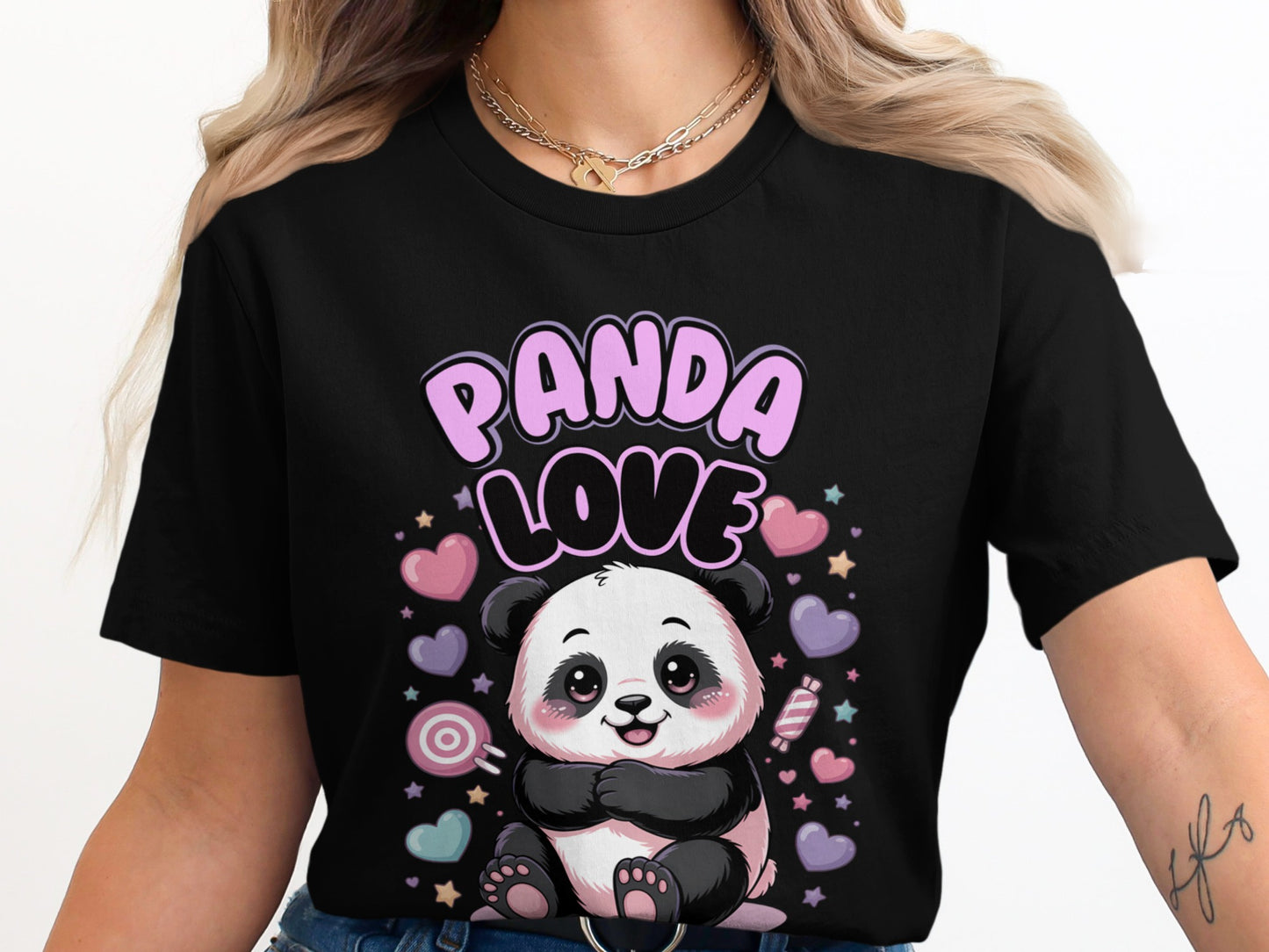 Black t-shirt with a cute panda and "Panda Love" text and hearts.
