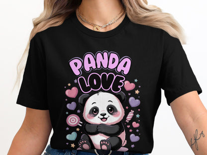 Black t-shirt with a cute panda and "Panda Love" text and hearts.