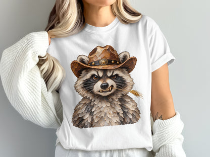 T-shirt graphic of a raccoon wearing a cowboy hat and holding a stalk of wheat.