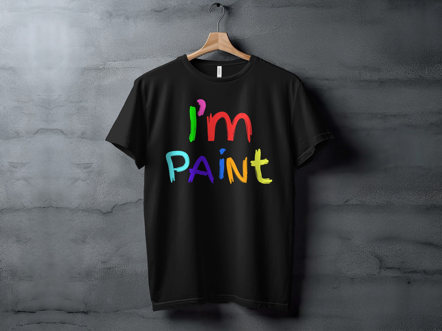 Black t-shirt with "I'm PAINT" text in colorful, brushstroke-style lettering.