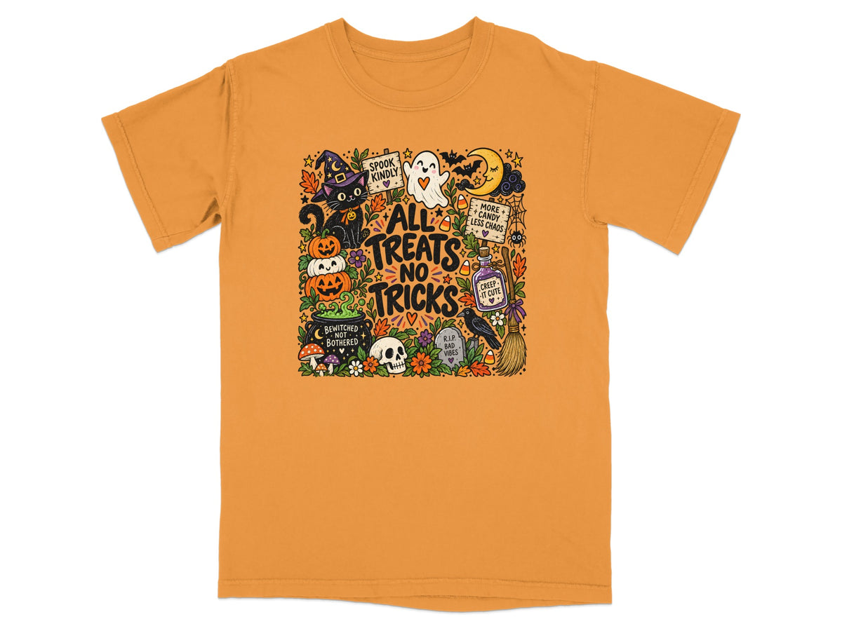 Orange t-shirt with Halloween graphic featuring pumpkins, black cat, ghost, and text "All Treats No Tricks."