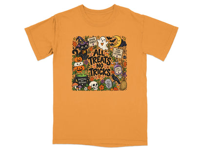 Orange t-shirt with Halloween graphic featuring pumpkins, black cat, ghost, and text "All Treats No Tricks."