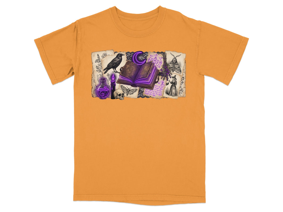 Orange t-shirt with witchy collage of raven, book, potion, skull, moths, and witch.