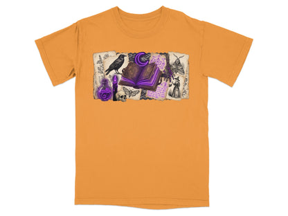 Orange t-shirt with witchy collage of raven, book, potion, skull, moths, and witch.