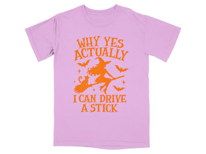 Lavender t-shirt with orange graphic of witch on broom with cat and bats, "Why Yes Actually I Can Drive A Stick."