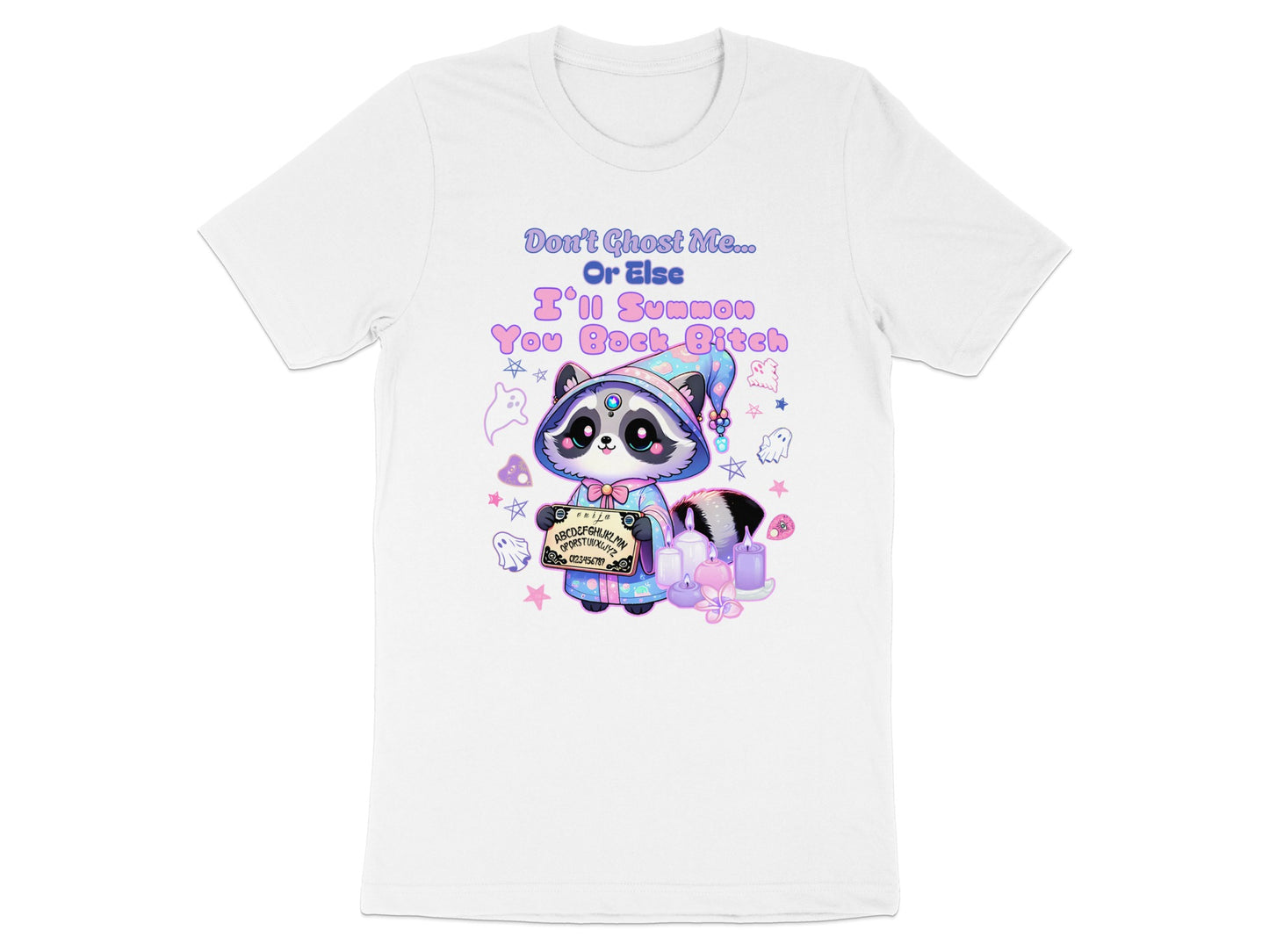Cute raccoon wearing a witch hat on a white t-shirt with text.