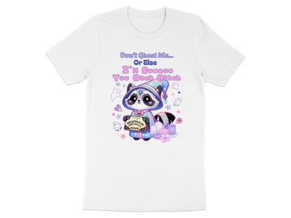 Cute raccoon wearing a witch hat on a white t-shirt with text.