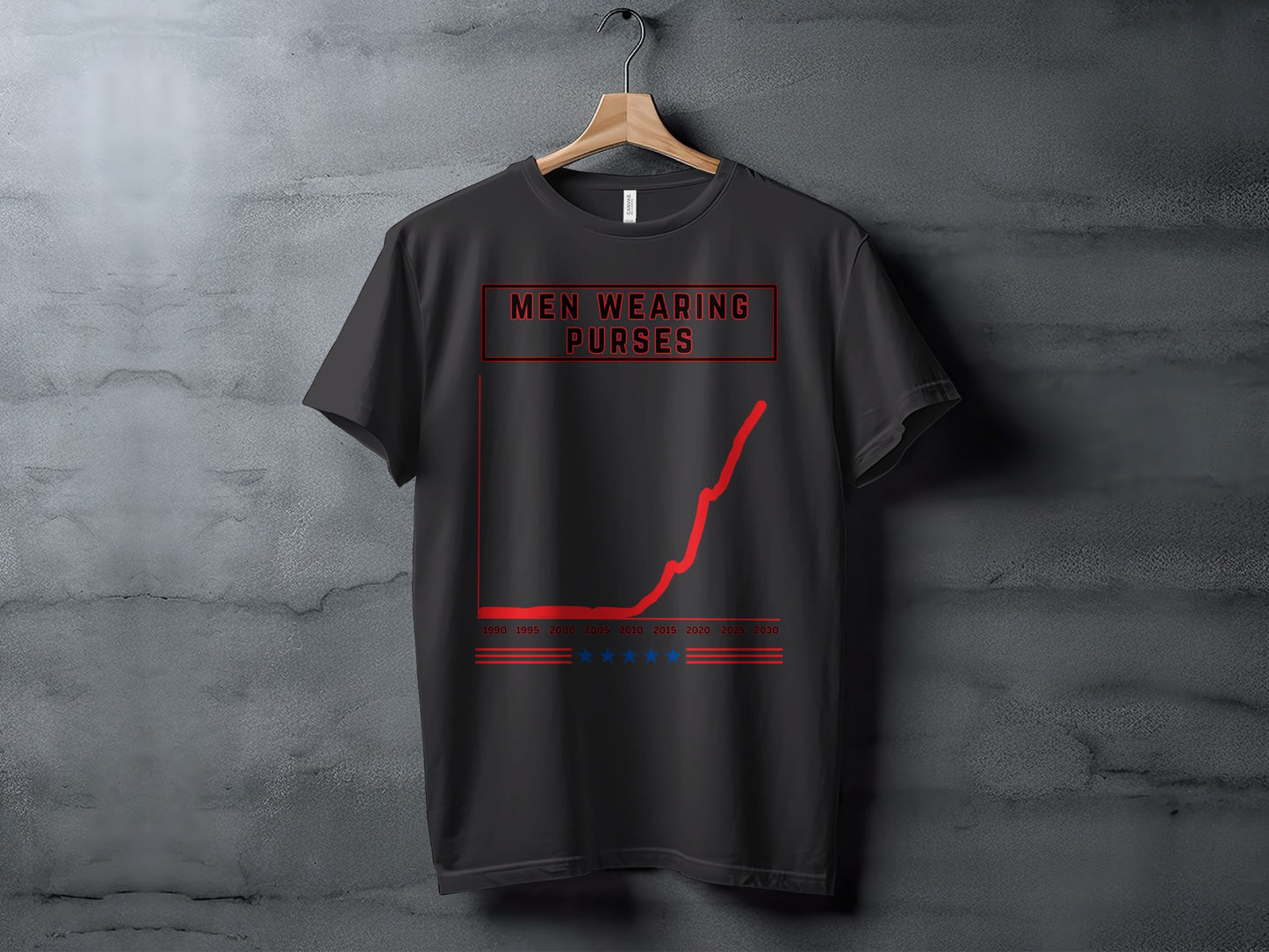 Black t-shirt with red text "MEN WEARING PURSES" and an upward trending graph.