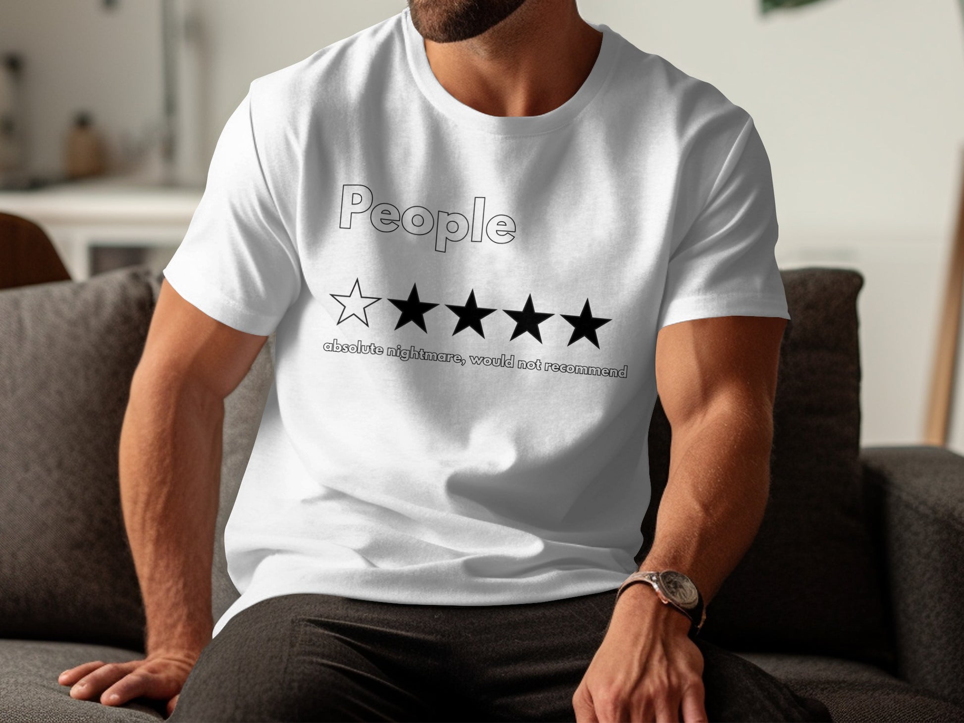 White t-shirt with "People" and one star followed by four solid stars, and text.