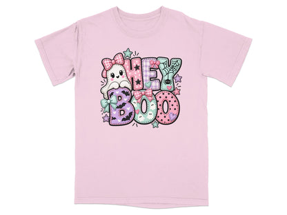 Pink t-shirt with "Hey Boo" graphic featuring a ghost and Halloween elements.