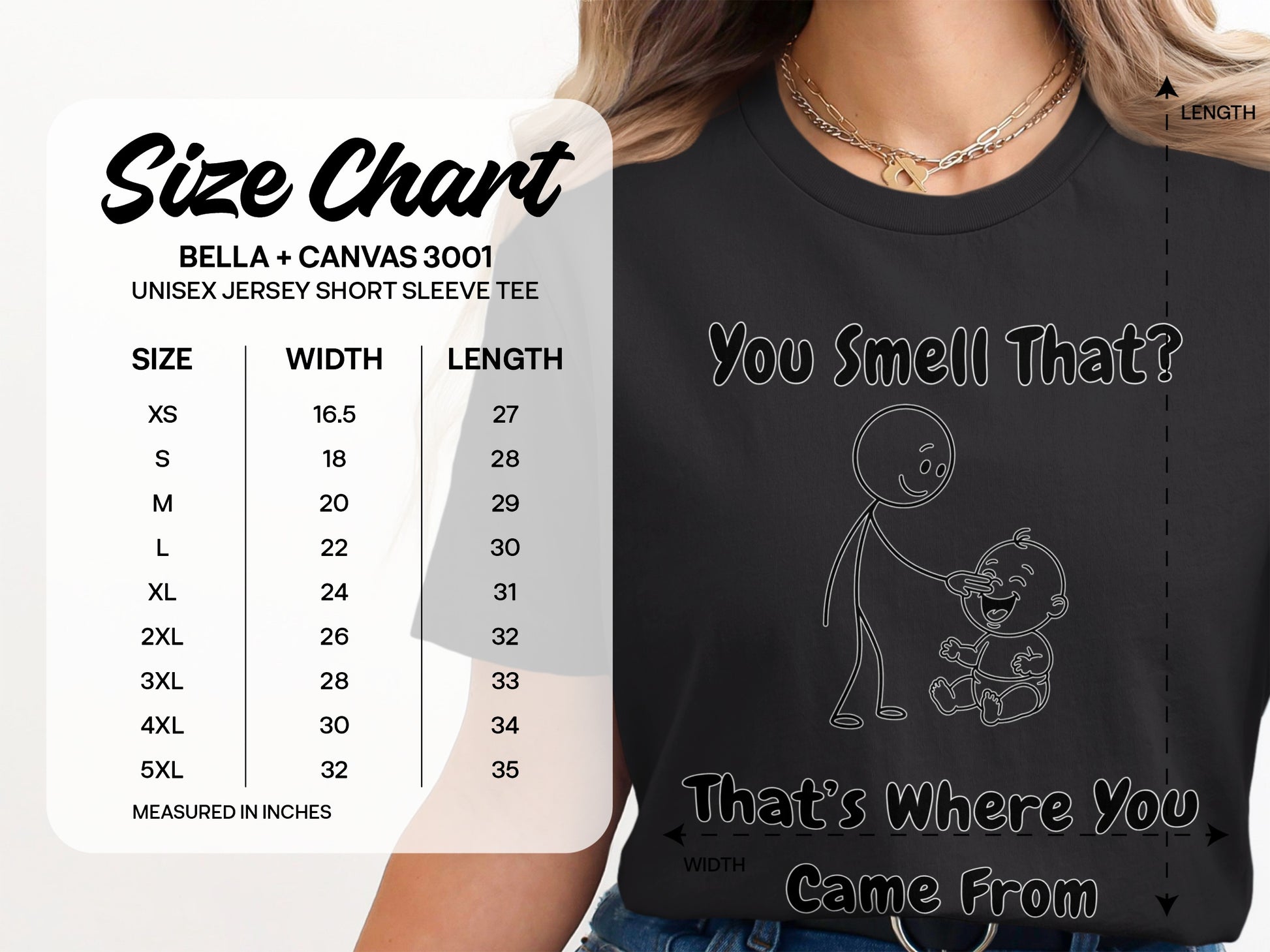 Bella Canvas 3001 unisex t-shirt size chart and graphic.