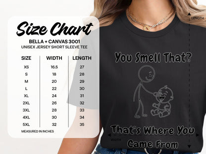 Bella Canvas 3001 unisex t-shirt size chart and graphic.