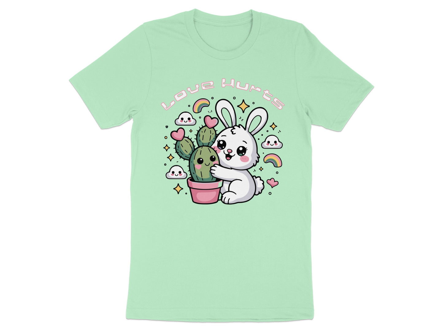 Mint green t-shirt with cartoon bunny hugging a potted cactus and "Love Hurts" text.