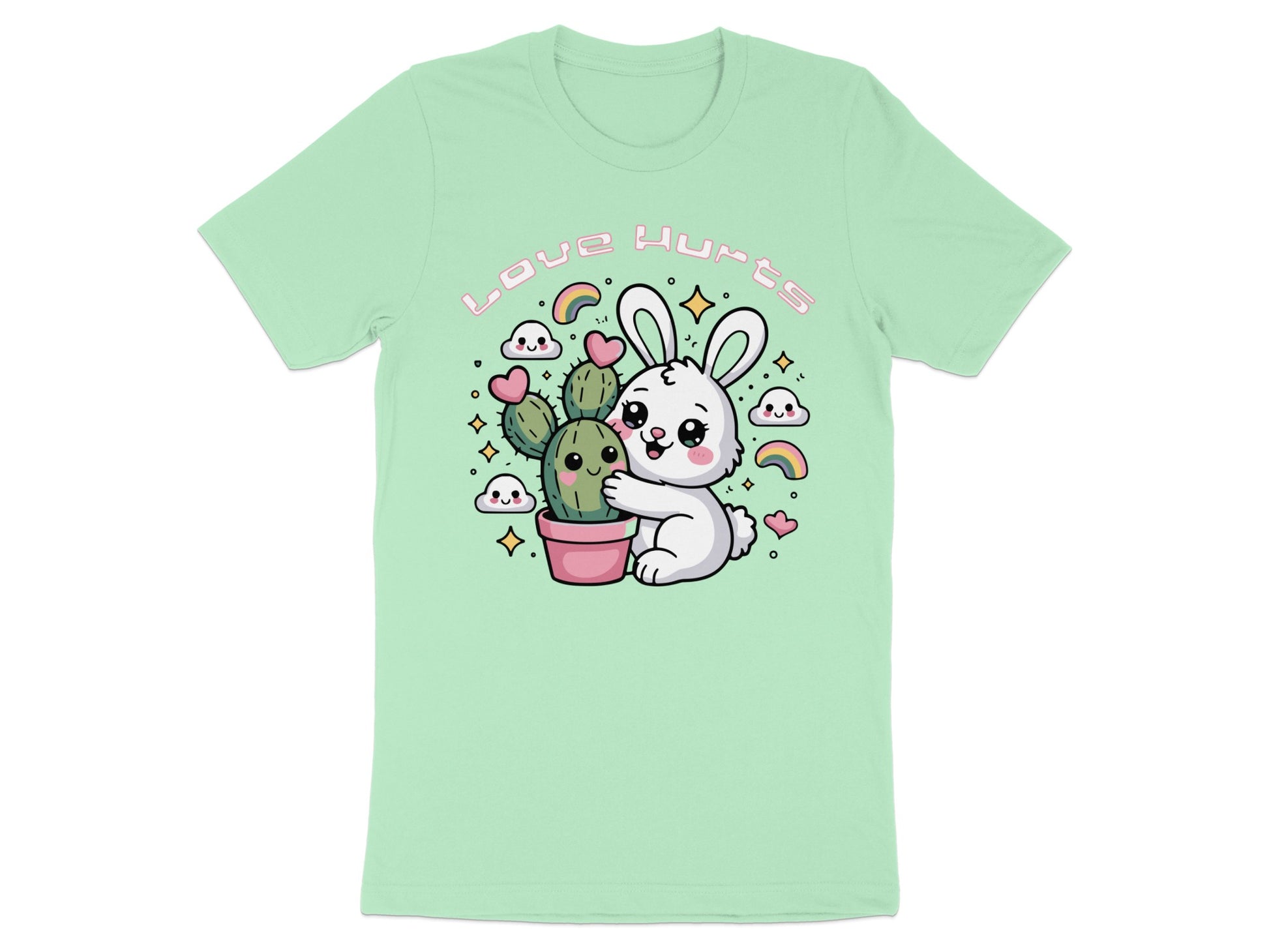 Mint green t-shirt with cartoon bunny hugging a potted cactus and "Love Hurts" text.