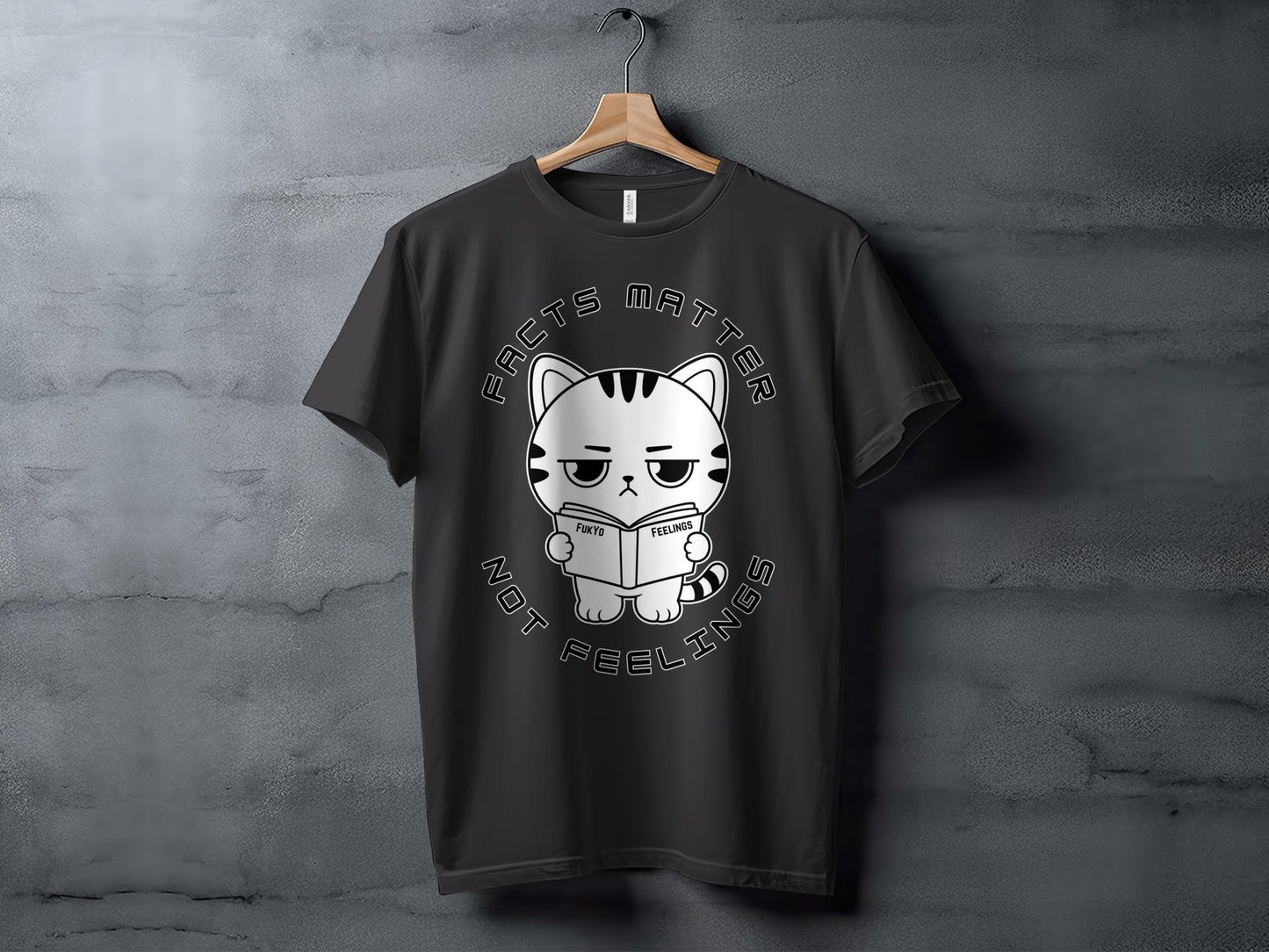 Black t-shirt with a cartoon cat reading a book with text "Facts Matter Not Feelings".