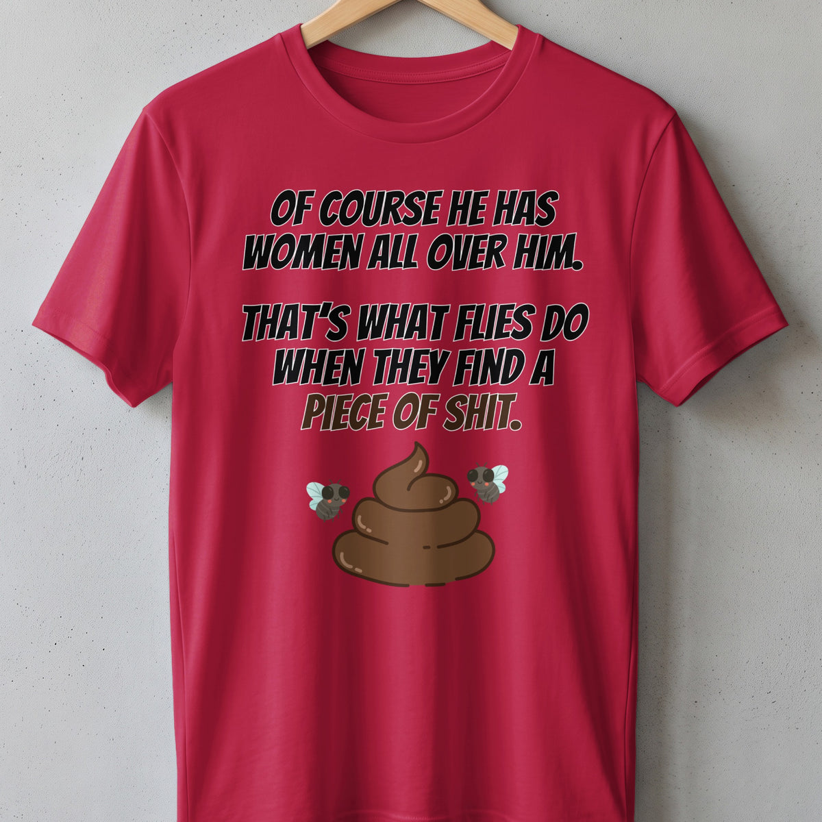 Red t-shirt with text and cartoon poop with flies.